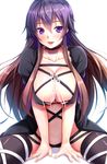  between_legs black_legwear blush breasts brown_hair choker cleavage ebi_193 gradient_hair hijiri_byakuren kefir large_breasts lips long_hair looking_at_viewer multicolored_hair navel open_mouth puffy_short_sleeves puffy_sleeves purple_eyes purple_hair short_sleeves simple_background sitting smile solo suggestive_fluid thighhighs touhou two-tone_hair v_arms 