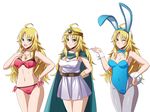  ahoge alternate_costume animal_ears antenna_hair arms_behind_back bare_shoulders blonde_hair blue_leotard blush bow bowtie breasts bunny_ears bunny_girl bunny_tail bunnysuit cape character_request circlet cleavage collar collarbone cosplay detached_collar dragon_quest dragon_quest_iii fake_animal_ears fake_tail gloves green_eyes hand_on_hip highres hoshii_miki ichimedoo idolmaster idolmaster_(classic) jester_(dq3) jester_(dq3)_(cosplay) jewelry leotard long_hair looking_at_viewer medium_breasts navel one_eye_closed open_mouth pantyhose sage_(dq3) sage_(dq3)_(cosplay) simple_background smile tail teeth white_background wrist_cuffs 