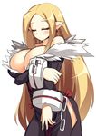  arm_grab bare_shoulders blonde_hair blush bow breast_hold breast_squeeze breasts chain cleavage closed_eyes cowboy_shot cuffs disgaea dress earrings eyelashes fur_trim healer_(disgaea) highres jewelry large_breasts long_hair pointy_ears rei_shabu shackles side_slit simple_background solo very_long_hair white_background 