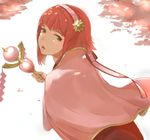  akuria back brown_eyes cape cherry_blossoms fire_emblem fire_emblem_if hairband highres open_mouth pink pink_hair sakura_(fire_emblem_if) simple_background solo staff white_background 