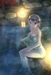  bare_shoulders barefoot black_eyes blush breasts brown_hair cleavage collarbone ikeda_jun_(mizutamari) lantern large_breasts legs naked_towel night onsen original short_hair sitting smile soaking_feet solo towel water wet 