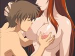  1boy 1girl animated animated_gif blue_eyes breast_sucking breasts brown_hair eyes_closed huge_breasts kyouko_(milk_money) long_hair milf milk_money nipples red_hair shiny_skin short_hair touji_(milk_money) yandere 