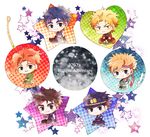  bad_id bad_pixiv_id bag birthmark blonde_hair blue_eyes blue_hair blush_stickers boots brown_footwear brown_hair caesar_anthonio_zeppeli chain chibi copyright_name crossed_arms dio_brando earrings fingerless_gloves gakuran gloves halftone hat headband heart indian_style jewelry jojo_no_kimyou_na_bouken jonathan_joestar joseph_joestar_(young) kakyouin_noriaki kuujou_joutarou leg_hug open_mouth red_eyes red_hair school_uniform seiza shuntaro_(syun_gaomu) sitting smile star tank_top v winged_hair_ornament 