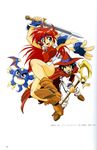  1girl 90s absurdres armor artist_request bare_legs blue_eyes blue_hair blue_headband boots breastplate cloak elf fingerless_gloves gaw_(popful_mail) gloves hat headband highres legs long_hair looking_at_viewer mail_(popful_mail) oldschool open_mouth pointy_ears popful_mail red_hair short_hair shoulder_pads simple_background smile staff sword tatto_(popful_mail) weapon wizard 