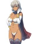  armor bare_shoulders bikini_armor bracelet breasts cape claudia_azure dark_skin dungeon_of_regalias earrings elbow_gloves gloves grey_hair hand_on_hip jewelry large_breasts looking_at_viewer m&amp;m midriff short_hair simple_background solo standing thighhighs 