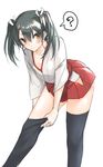  ? brown_eyes dressing fukuroumori green_hair japanese_clothes kantai_collection long_hair looking_at_viewer solo spoken_question_mark thighhighs twintails zuikaku_(kantai_collection) 