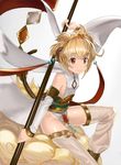  ahoge andira_(granblue_fantasy) animal_ears bare_shoulders blonde_hair breasts cloud detached_sleeves erune flying_nimbus granblue_fantasy hagoromo hairband highres holding leotard long_sleeves looking_at_viewer monkey_ears monkey_tail orange_eyes polearm shawl short_hair sideboob simple_background sitting small_breasts smile solo tail two_side_up wasabi60 weapon white_background 