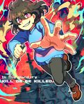  androgynous brown_hair denim dutch_angle english foreshortening frisk_(undertale) grin jeans kabosu knife motion_blur outstretched_arm pants pixelated polka_dot red_eyes reverse_grip shaded_face short_hair shorts shyren smile smirk sweater undertale 
