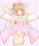  angel_wings bow brown_eyes brown_hair candy chiroru_(uarmm) choker collarbone crown dress earrings flower food frilled_dress frills hair_bow jewelry kneeling legband lollipop long_hair love_live! love_live!_school_idol_project minami_kotori mini_crown no_socks one_side_up pink_dress ribbon slippers smile solo striped striped_background veil wings 