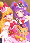  :d absurdres asahina_mirai bear black_gloves black_hat blonde_hair blue_eyes bow brown_background cowboy_shot creature cure_magical cure_miracle gem gloves hair_bow hat highres holding_hands izayoi_liko long_hair looking_at_viewer magical_girl mahou_girls_precure! mini_hat mini_witch_hat mofurun_(mahou_girls_precure!) multiple_girls oimo_(oimosanshukka) open_mouth pink_bow pink_hat pink_skirt ponytail precure purple_eyes purple_skirt red_bow skirt smile star star_in_eye symbol_in_eye white_gloves witch_hat 
