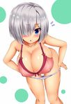  bare_shoulders blue_eyes blush bra breasts cleavage collarbone eyes_visible_through_hair fujimiya_yahiro hair_ornament hair_over_one_eye hairclip hamakaze_(kantai_collection) kantai_collection large_breasts looking_at_viewer open_mouth panties panty_pull pulled_by_self red_bra short_hair silver_hair skindentation solo underwear underwear_only undressing white_panties 