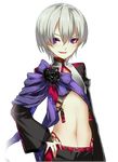  1boy androgynous artist_request ash_(closers) closers eyeliner grey_hair makeup male_focus midriff navel official_art playstation_portable purple_eyes smile solo 