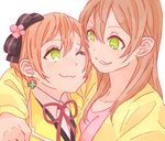  :3 arm_around_shoulder bow casual earrings green_eyes grin hair_bow hoshizora_rin hoshizora_rin's_mother jewelry long_hair love_live! love_live!_school_idol_project mother_and_daughter multiple_girls orange_hair shin9tani short_hair smile upper_body 