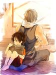  absurdres back-to-back bare_shoulders black_hair brown_eyes brown_hair father_and_son highres kobachi_(ffn11) makabe_fumihiko makabe_kazuki multiple_boys potters_wheel shirt shorts sitting socks soukyuu_no_fafner t-shirt tank_top towel towel_around_neck younger 