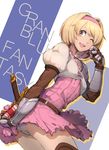  ;d behind_back belt blonde_hair blue_background boots bow brown_eyes brown_footwear brown_gloves buckle buttons collarbone copyright_name cowboy_shot djeeta_(granblue_fantasy) dress elbow_gloves fighter_(granblue_fantasy) gauntlets gift gloves granblue_fantasy hair_intakes holding holding_gift leaning_forward looking_at_viewer looking_to_the_side mkd78236 one_eye_closed open_mouth panties pantyshot pantyshot_(standing) pink_bow pink_dress puffy_short_sleeves puffy_sleeves round_teeth sheath sheathed short_hair short_sleeves simple_background smile solo standing sword tareme teeth thigh_boots thighhighs two-tone_background underwear valentine weapon white_background white_panties 