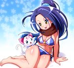  :d barefoot bikini blue_background breasts brown_eyes brown_scarf cat cleavage full_body half_updo highres hummy_(suite_precure) kurokawa_eren large_breasts long_hair looking_at_another open_mouth ponytail precure purple_hair ryuuta_(cure_ryuuta) scarf seiren_(suite_precure) shiny shiny_skin skindentation smile suite_precure swimsuit 
