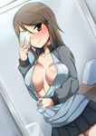  ayuayu_(shouyu_no_sato) black_skirt blush breasts brown_eyes brown_hair cellphone cleavage collarbone dutch_angle girls_und_panzer glass hair_between_eyes hat indoors jacket keizoku_military_uniform large_breasts light long_hair long_sleeves looking_at_viewer mika_(girls_und_panzer) military military_uniform mirror no_bra phone pillow pleated_skirt raglan_sleeves room self_shot shelf skirt smartphone smartphone_case smile solo taking_picture track_jacket turtleneck undressing uniform unzipping 