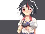  1girl black_hair blush bra breasts futatsuki_hisame horns kijin_seija looking_at_viewer open_clothes red_eyes solo touhou underwear 