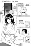  breasts cleavage closed_eyes collarbone comic crossover doraemon english futon greyscale hakama highres japanese_clothes kaga_(kantai_collection) kantai_collection large_breasts lying mini_dora monochrome open_mouth parted_lips short_hair sleeping smile wangphing 