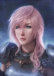  artist_name blue_background blue_eyes breastplate closed_mouth emblem expressionless final_fantasy final_fantasy_xiii glowing gradient gradient_background hair_between_eyes highres lightning_farron lips long_hair looking_afar looking_at_viewer md5_mismatch pink_hair raikoart realistic resized shoulder_pads simple_background solo upper_body upscaled 