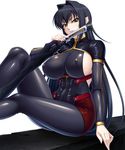  1girl annerose_vajra black_hair black_legwear bodysuit breasts erect_nipples female kagami_hirotaka koutetsu_no_majo_anneroze large_breasts long_hair looking_at_viewer pointy_ears red_skirt showgirl_skirt skin_tight skirt smile solo taimanin_asagi_battle_arena taut_clothes thighhighs 