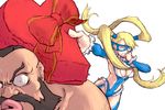  1girl blandly-vorpal capcom eyes_closed gift holding holding_gift rainbow_mika street_fighter street_fighter_v twintails valentine zangief 