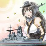  abstract_background battleship black_hair blush breasts cannon dazzled dual_persona gauntlets headgear hexagon imperial_japanese_navy jewelry kantai_collection kurokawa_takeshi large_breasts long_hair mast military military_vehicle model model_ship nagato_(battleship) nagato_(kantai_collection) neck_ring object_namesake open_mouth ship signature smile sparkle sparkling_eyes straight_hair turret warship watercraft 