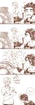  4koma :3 bad_id bad_pixiv_id chair closed_eyes collarbone collared_shirt comic crossed_arms dio_brando electric_fan flower highres jojo_no_kimyou_na_bouken jonathan_joestar male_focus monochrome multiple_boys open_mouth paper pen screaming shirt shuntaro_(syun_gaomu) sitting smile sweat writing 