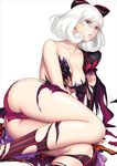  ass bare_shoulders breasts detached_collar earrings eiwa hair_ornament hair_ribbon jewelry juliet_sleeves large_breasts long_sleeves looking_at_viewer panties puffy_sleeves purple_eyes queen's_blade queen's_blade_grimoire ribbon shirt simple_background snow_white snow_white_(queen's_blade) solo torn_clothes torn_panties torn_shirt underwear white_hair 