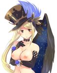  black_gloves blonde_hair blush breast_hold breasts brown_eyes character_request commentary_request copyright_request elbow_gloves flower frown gloves hair_ornament hat large_breasts long_hair looking_at_viewer navel nipples side_ponytail single_wing solo theta_(ponkotsu_works) top_hat topless wings 