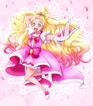  :d bare_legs blonde_hair bow cure_flora earrings eyebrows flower flower_necklace full_body gloves go!_princess_precure gradient_hair green_eyes haruno_haruka hyuuga_(gekkazake) jewelry long_hair looking_at_viewer magical_girl multicolored_hair necklace open_mouth petals pink_background pink_bow pink_hair pink_skirt precure shoes skirt smile solo streaked_hair thick_eyebrows two-tone_hair white_footwear white_gloves 