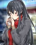  :o black_coat black_hair blurry blurry_background blush building coat coffee_cup cup disposable_cup eyebrows eyebrows_visible_through_hair hair_between_eyes hair_bobbles hair_ornament holding holding_cup kantai_collection long_sleeves open_clothes open_coat outdoors parted_lips ponytail red_eyes red_scarf scarf shop sleeves_past_wrists solo steam sweatdrop sweater teeth tsurime upper_body yahagi_(kantai_collection) yakitomeito 