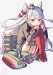  amatsukaze_(kantai_collection) dress garter_straps hair_tubes kantai_collection long_hair looking_at_viewer red_legwear rensouhou-kun sailor_dress sheep_sleep short_dress silver_hair sitting solo striped striped_legwear thighhighs two_side_up windsock 