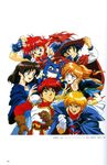  3girls 90s adol_christin ancient_ys_vanished armor artist_request blonde_hair blue_eyes blue_hair brown_hair character_request cloak dress elf fingerless_gloves gaw_(popful_mail) gloves hat headband highres lilia_(ys) long_hair mail_(popful_mail) multiple_boys multiple_girls oldschool open_mouth pleated_skirt pointy_ears popful_mail red_hair short_hair shoulder_pads simple_background skirt smile staff tatto_(popful_mail) white_background white_gloves wizard wizard_hat ys 