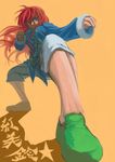  alternate_costume blue_eyes braid breasts character_name chinese_clothes fighting_stance focused foreshortening full_body green_footwear hong_meiling koyubi_(littlefinger1988) large_breasts legs long_hair long_sleeves no_hat no_headwear orange_background pants perspective shoes simple_background solo star touhou twin_braids white_pants wind 