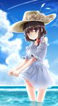  alternate_costume bow brown_eyes brown_hair cloud condensation_trail day dress fuente hair_bow hat hat_bow highres short_hair sky smile solo sun_hat touhou usami_renko wading water wet wringing_clothes wringing_dress 