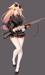  aviator_sunglasses black_coat black_jacket blonde_hair buttons eyewear_on_head girls_frontline gold_trim green_neckwear gun jacket long_hair low-tied_long_hair m1918_bar m1918_bar_(girls_frontline) machine_gun military military_uniform necktie official_art rifle shirt sling smile solo suisai sunglasses thighhighs uniform weapon white_legwear white_shirt yellow_eyes 