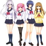  absurdres blue_hair brown_hair full_body game_cg highres kamijo_tsubasa katsuragi_shion koizumi_amane miyamae_iroha multiple_girls pink_hair ponytail school_uniform sei_shoujo_~seido_ikusei_gakuen~ serafuku shirosaki_yuuri silver_hair transparent_background twintails 