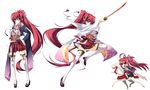 ahoge animal appare!_tenka_gomen blue_eyes hair_ornament hand_on_hip horse japanese_clothes katagiri_hinata katana long_hair looking_at_viewer open_mouth ponytail red_hair riding simple_background smile solo sword thighhighs tokugawa_yoshine very_long_hair weapon white_background white_legwear wide_sleeves zettai_ryouiki 
