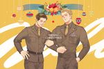  absurdres blonde_hair brown_hair christmas guanaqiu highres james_buchanan_barnes marvel military military_uniform multiple_boys steve_rogers uniform 