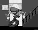  absurdres bloody_marie_(skullgirls) greyscale highres mark1019 monochrome peacock_(skullgirls) picture_frame running skullgirls solo stairs tongue tongue_out window 