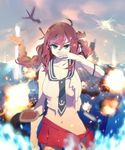  blue_eyes brown_hair cloud explosion kantai_collection long_hair machinery noshiro_(kantai_collection) school_uniform skirt sky sohin solo torn_clothes torn_skirt 