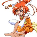  :d arm_warmers bike_shorts bow brooch choker clenched_hand cowboy_shot cure_sunny fighting_stance hair_bun hino_akane_(smile_precure!) jewelry looking_away lowres magical_girl oekaki open_mouth orange_(color) orange_bow orange_choker orange_eyes orange_hair orange_skirt precure short_hair shorts shorts_under_skirt skirt smile smile_precure! solo thighhighs uraki white_background white_legwear 