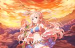  armlet artist_request bare_shoulders bird blush collar eagle earrings hair_ornament idolmaster idolmaster_cinderella_girls idolmaster_cinderella_girls_starlight_stage jewelry long_hair midriff navel necklace official_art open_mouth orange_sky saionji_kotoka sky smile solo 