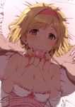  areola_slip areolae bare_shoulders blonde_hair blush breasts brown_eyes clearite condom_wrapper djeeta_(granblue_fantasy) fighter_(granblue_fantasy) granblue_fantasy looking_at_viewer medium_breasts on_bed pov short_hair smile solo_focus 