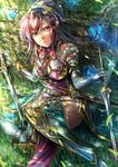  armor breasts brown_eyes bug butterfly cleavage detached_sleeves dual_wielding garter_straps holding holding_sword holding_weapon insect long_hair medium_breasts open_mouth original pink_hair sitting solo sword thighhighs wa-kun weapon 