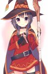  bangs belt black_cape black_gloves black_hair black_legwear box cape collar collarbone dress eyebrows eyebrows_visible_through_hair gift gift_box gloves hat holding holding_staff kono_subarashii_sekai_ni_shukufuku_wo! looking_at_viewer megumin mimura_zaja red_eyes short_hair single_thighhigh solo staff thighhighs witch_hat 