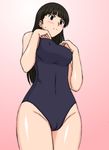  amagami ayatsuji_tsukasa black_eyes black_hair blush breasts cameltoe covered_nipples cowboy_shot frown gradient gradient_background hands_on_own_chest long_hair medium_breasts one-piece_swimsuit pink_background shiraki_(the_perfect_world) solo sweat swimsuit thighs 