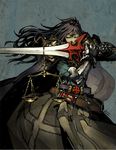  akagishi_k armor balance_scale belt blue_hair cape closed_eyes crusader gauntlets lips long_hair ragnarok_online solo sword weapon weighing_scale 