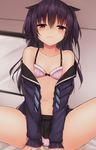  black_hair blush bra breasts long_hair mizushina_minato original red_eyes small_breasts solo underwear 